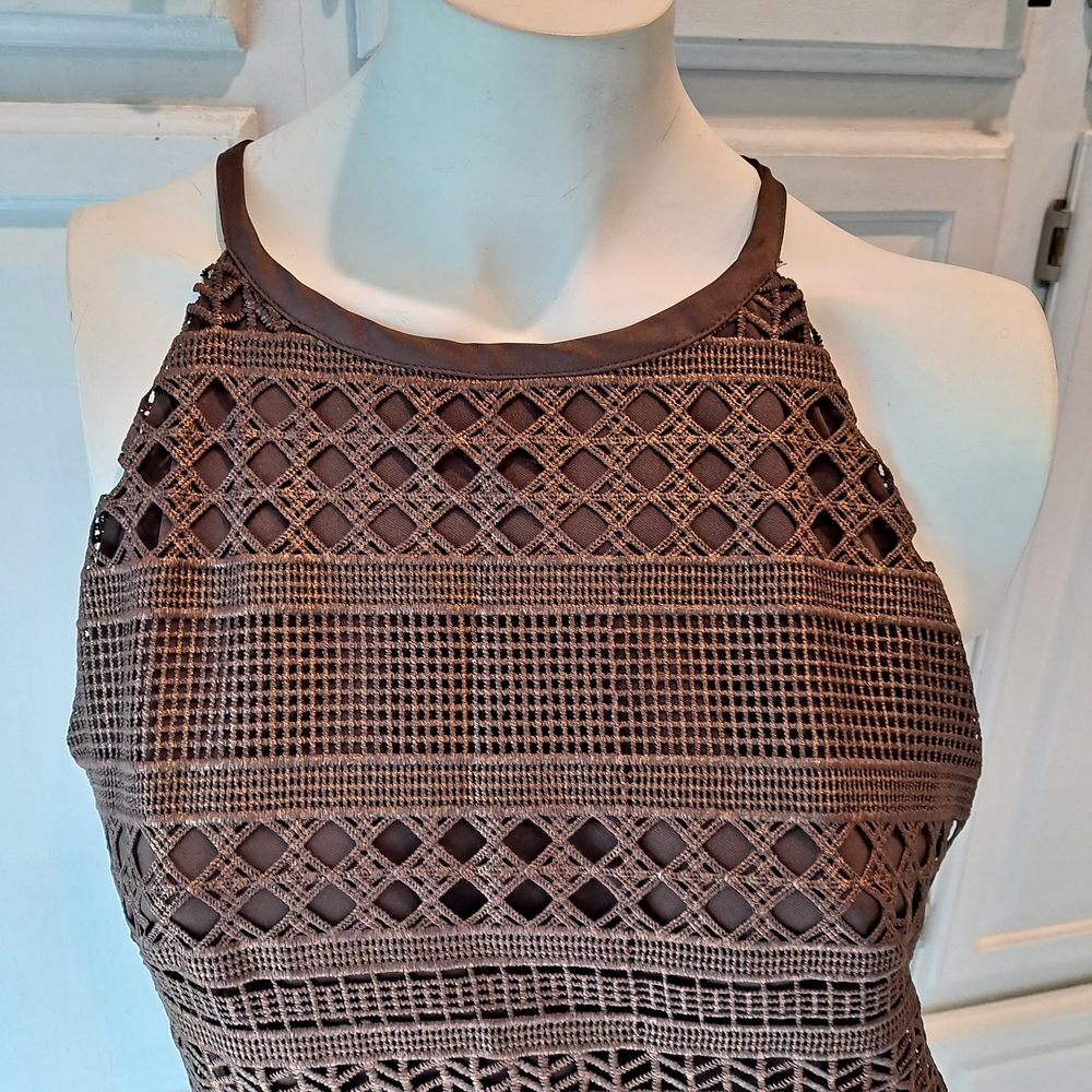 Brown Shimmer Crochet Laser Cut Halter Sheath Dress - Picture 2 of 11